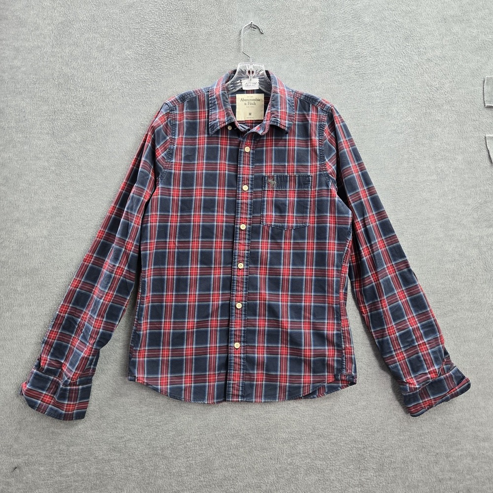 Abercrombie & Fitch Men Button Up Shirt M Red Moose‎ Logo Flannel Plaid Muscle